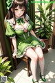 A woman in a green dress sitting on a chair.