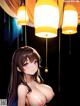 A naked anime girl with long brown hair is standing in front of a bunch of lamps.